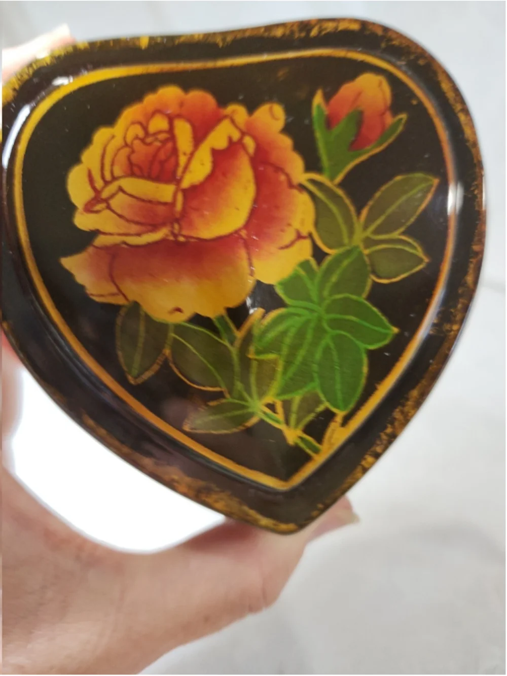 Vintage Chinese Black Lacquer Heart Trinket Box, Hand-Painted Roses 3.5”